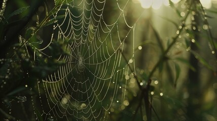 Close-up of spider webs adorned with morning dew in soft natural light