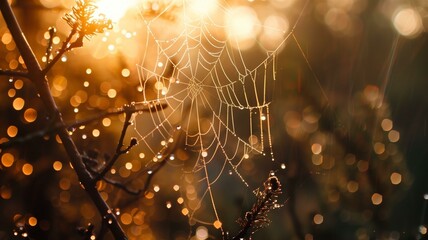 Close-up of spider webs adorned with morning dew in soft natural light