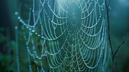 Close-up of spider webs adorned with morning dew in soft natural light