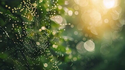 Close-up of spider webs adorned with morning dew in soft natural light