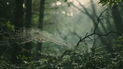 Close-up of spider webs adorned with morning dew in soft natural light