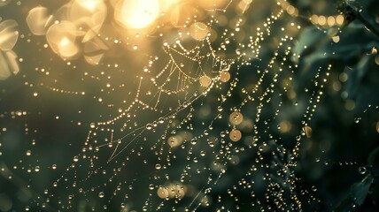 Close-up of spider webs adorned with morning dew in soft natural light