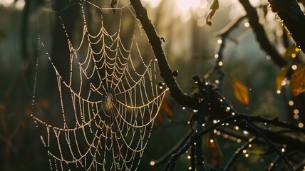 Close-up of spider webs adorned with morning dew in soft natural light