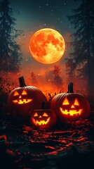 Poster - Halloween pumpkins glowing under bright full moon casting eerie shadows on a minimalistic orange background The simplicity highlights the spooky mood with a dark silhouette of trees in the distance