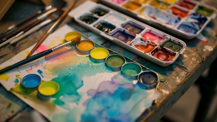 Vibrant close-up of watercolor paint set with brushes on an artist's palette