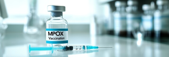 Poster - Clear vaccine vial labeled 'Mpox Vaccination' with a syringe. Highlights global vaccination efforts.