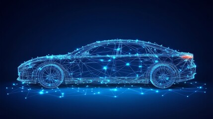 Poster - futuristic electric car with connected lines, dots, hologram. modern car development, 3d rendering.
