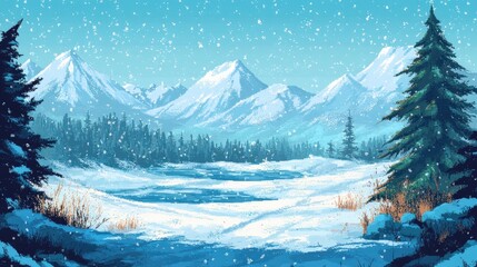 A serene winter landscape featuring majestic mountains covered in snow, surrounded by evergreen trees under a clear blue sky with soft snowfall.