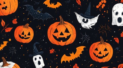 Poster - Halloween vector pattern featuring spooky icons like pumpkins bats witches on a seamless dark background