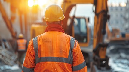 Aufkleber - Group of workers operating heavy machinery, Harsh sunlight. Industrial site background.