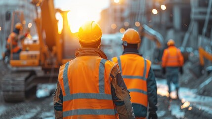 Aufkleber - Group of workers operating heavy machinery, Harsh sunlight. Industrial site background.