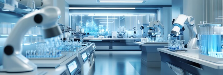 Poster - A futuristic laboratory with robotic equipment for viral research, highlighting innovation in healthcare and disease control technology.