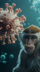 Poster - Monkey and a large monkeypox virus particle in a dark environment, illustrating mpox transmission and pandemic spread
