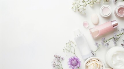 Wall Mural - Beauty items on floral decoration background.