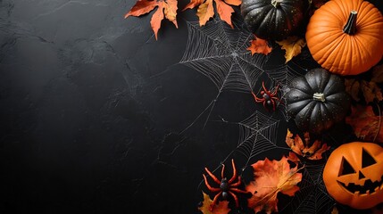 Fototapete - Happy Halloween flat lay mockup featuring intricate spider webs decorative spiders autumnthemed decorations arranged on a deep black background with ample copy space for text