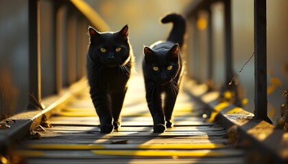 Elegant black cat gliding along yellow-striped bridge, illuminated by warm soft light symbolizing grace and mystery