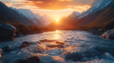 Poster - High mountains and flowing water, the rising sun, colorful.