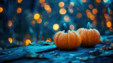 Halloween background, orange pumpkins Jack O Lantern on a wooden table on a bokeh glowing background