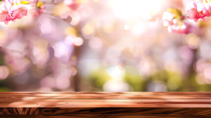 Wall Mural - wooden table in front of spring blossom tree landscape. Product display and presentation