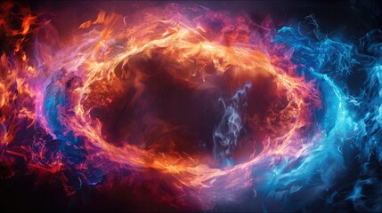 Aufkleber - A glowing ring of intertwined energy, composed of vibrant red, blue, and purple flames swirling against a dark background. The intense colors and fluid motion.