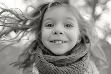 A cheerful young girl with flowing blonde hair, smiling in the wind on a beautiful spring day.