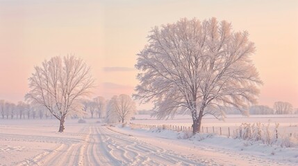 In the center of a vast snowy field, two trees are covered in snow