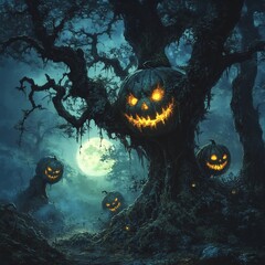 Poster - Haunted forest glowing Jack O' Lantern eyes peeking from behind ancient trees under a full moon