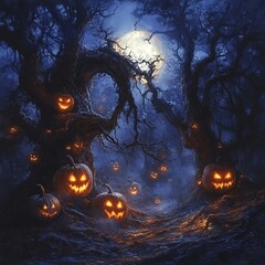 Poster - Haunted forest glowing Jack O' Lantern eyes peeking from behind ancient trees under a full moon