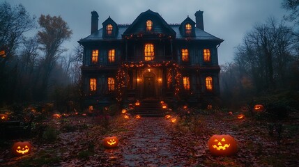 Poster - Haunted house decked out Halloween with eerie lights and spooky decorations around every corner