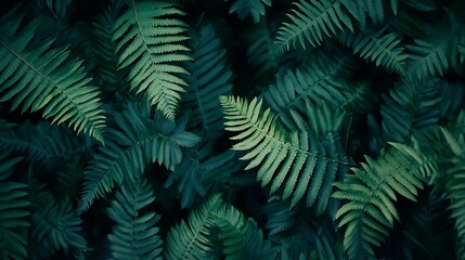 A close-up of lush green fern fronds, creating a natural background.