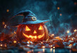 © mingnimit - glowing Halloween pumpkin with witch hat sits amidst autumn leaves, creating spooky yet enchanting atmosphere. warm light contrasts beautifully with cool background