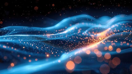 Sticker - Fiber optic cables with light trails, long exposure effect, abstract patterns, dark background with blue accent.