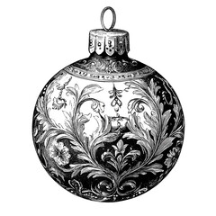 black and white engraved Christmas ball illustration isolated on transparent background