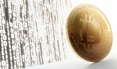 Wall Mural - Close-up shot of a Bitcoin coin on a white background with a blurry background of binary code.