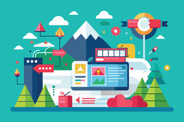 Poster - a vivid illustration showcases technology interfaces amidst vibrant mountains, clouds, and trees, me