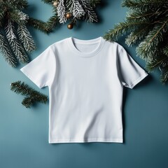 Flat lay white short sleeve tshirt, with spruce branches, blue floor. Laying plain tee mock up. Blank Christmas t-shirt template front view. Crewneck tee, casual model. Unisex no model outfit mock