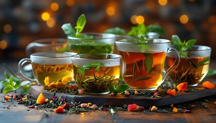 Wall Mural - Delightful variety of loose leaf tea infusions in cups garnished with fresh herbs