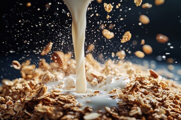 Milk Splashing on Granola Cereal