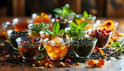 Wall Mural - Delightful variety of loose leaf tea infusions in cups garnished with fresh herbs