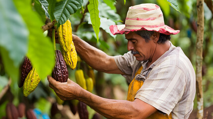 A venezuelan cacao farmer carefully harvests ripe cacao pods in a lush plantation surrounded by vibrant green leaves