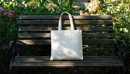 Tote bag mockup concept image with a blank tote bag sitting outside in a park on sunny day for the large sturdy cloth unfastened bag with parallel handles with copy space