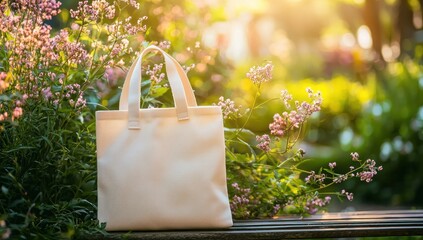 Tote bag mockup concept image with a blank tote bag sitting outside in a park on sunny day for the large sturdy cloth unfastened bag with parallel handles with copy space