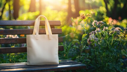 Tote bag mockup concept image with a blank tote bag sitting outside in a park on sunny day for the large sturdy cloth unfastened bag with parallel handles with copy space