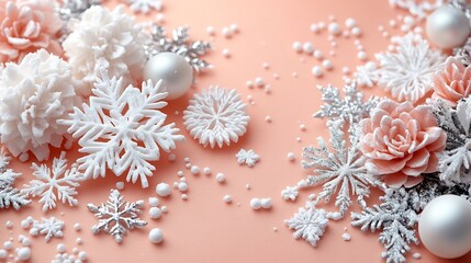 Fototapete - Minimalist New Year card a light peach background with a pattern of white and silver geometric shapes creating a modern and clean aesthetic