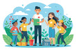 © Iftikhar alam - A group of enthusiastic volunteers engages in community service, planting flowers and spreading joy in a vibrant outdoor setting.