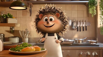 Wall Mural - A Smiling Cartoon Hedgehog Chef Stands in a Kitchen, Wearing an Apron and Holding His Hands Behind His Back