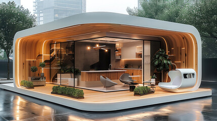 Poster - 3d modern business wooden installment, booth.