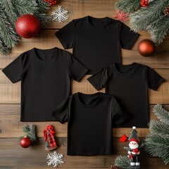 Multiple black shirts mockup. Group of kid and adult size crewneck t-shirts mock up. Laying short sleeve tees on floor. Christmas 4 matching tshirts mockup without models. Family basic shirts mockup