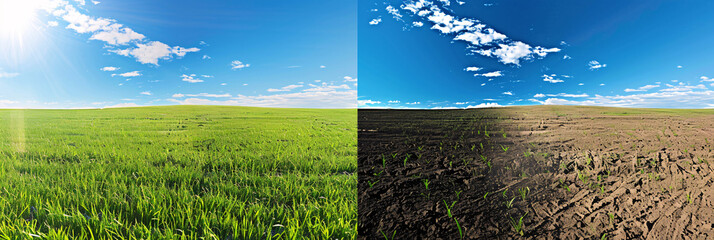 Wall Mural - Lush field with healthy grass on the left and a desolate patch of land on the right and highlighting a solitary plant and split screen showing the impact of time on the landscape 