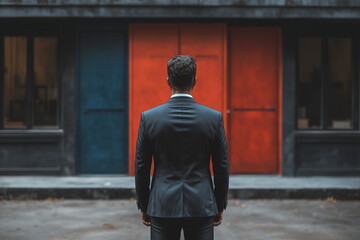 Man in Suit Standing Before Two Doors: A Choice Awaits